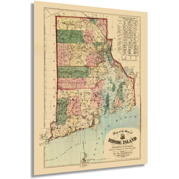 HISTORIC PRINTS Vintage 1880 Rhode Island State Map On Paper Print